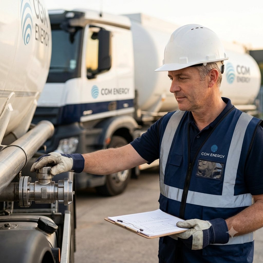 A CGM Energy operator checking a tanker valve before dispatch
